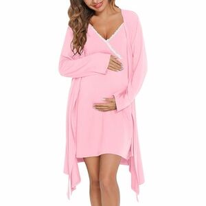 SWOMOG Elegant Pink Maternity Nightgown and Robe Set